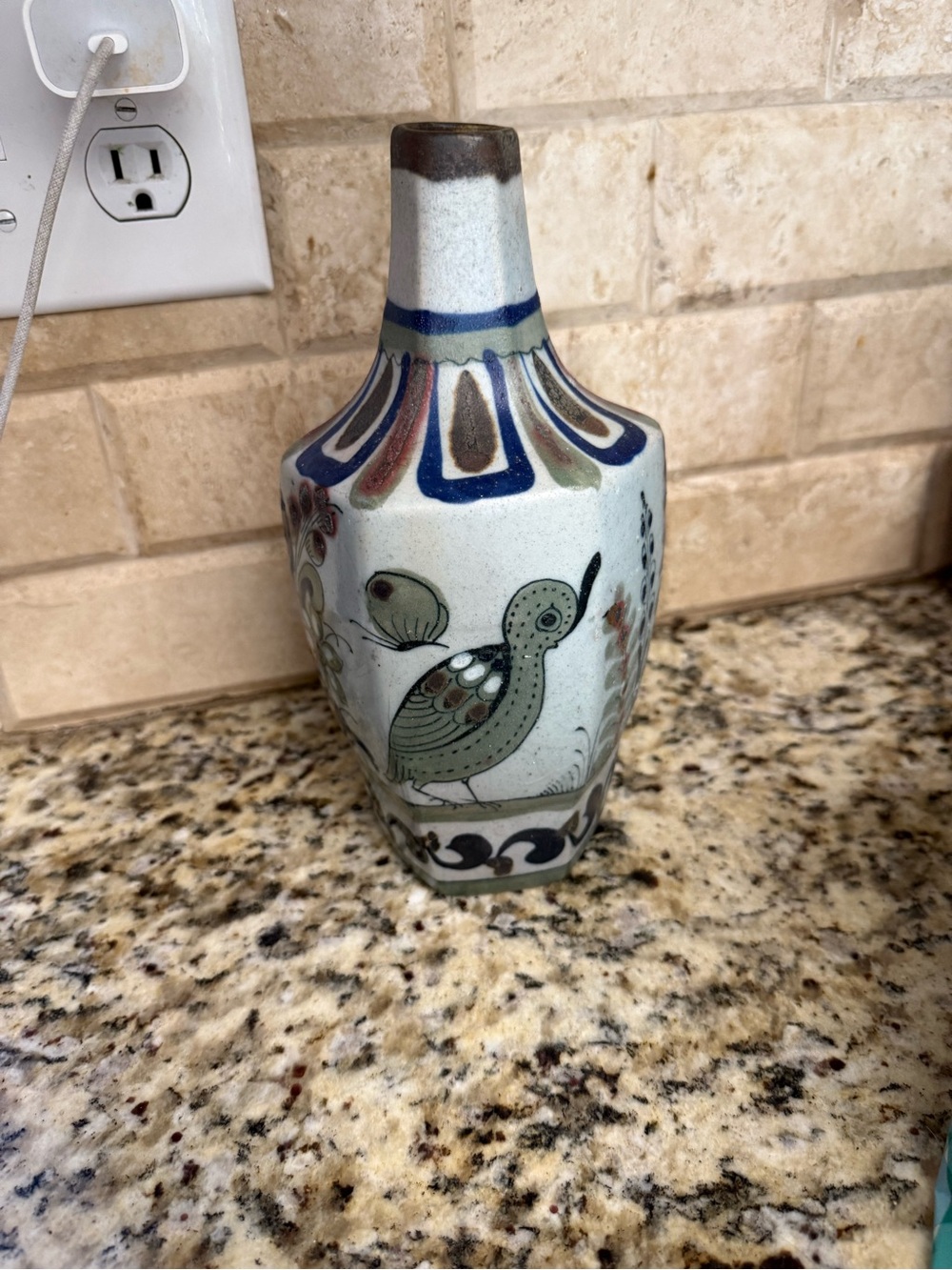 Hand-Painted Bird Ceramic Vase in Blue and Green Accents